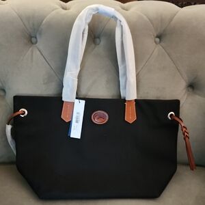 Dooney & Bourke Black Nylon Tote With Brown Leather Handles And Side Tassels